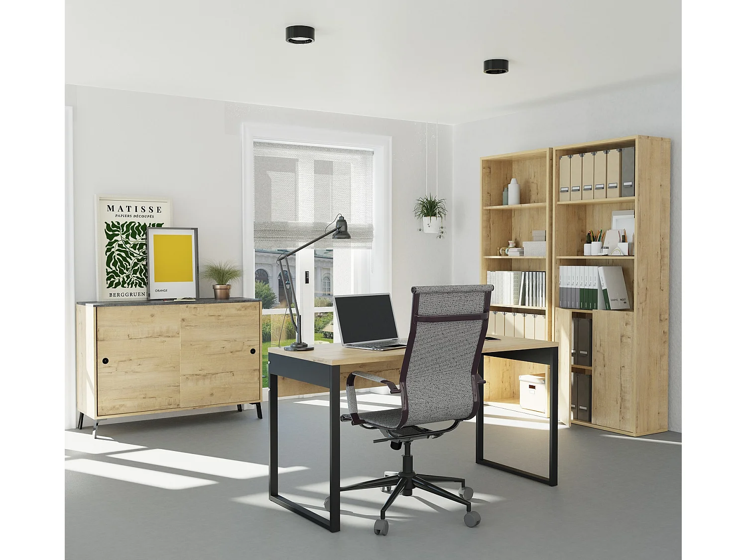 Bureau avec ports USB en aggloméré finition chêne doré et pieds en métal noir - Longueur 135 x Profondeur 60 x Hauteur 76 cm