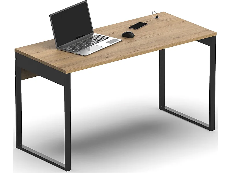 Bureau avec ports USB en aggloméré finition chêne doré et pieds en métal noir - Longueur 135 x Profondeur 60 x Hauteur 76 cm
