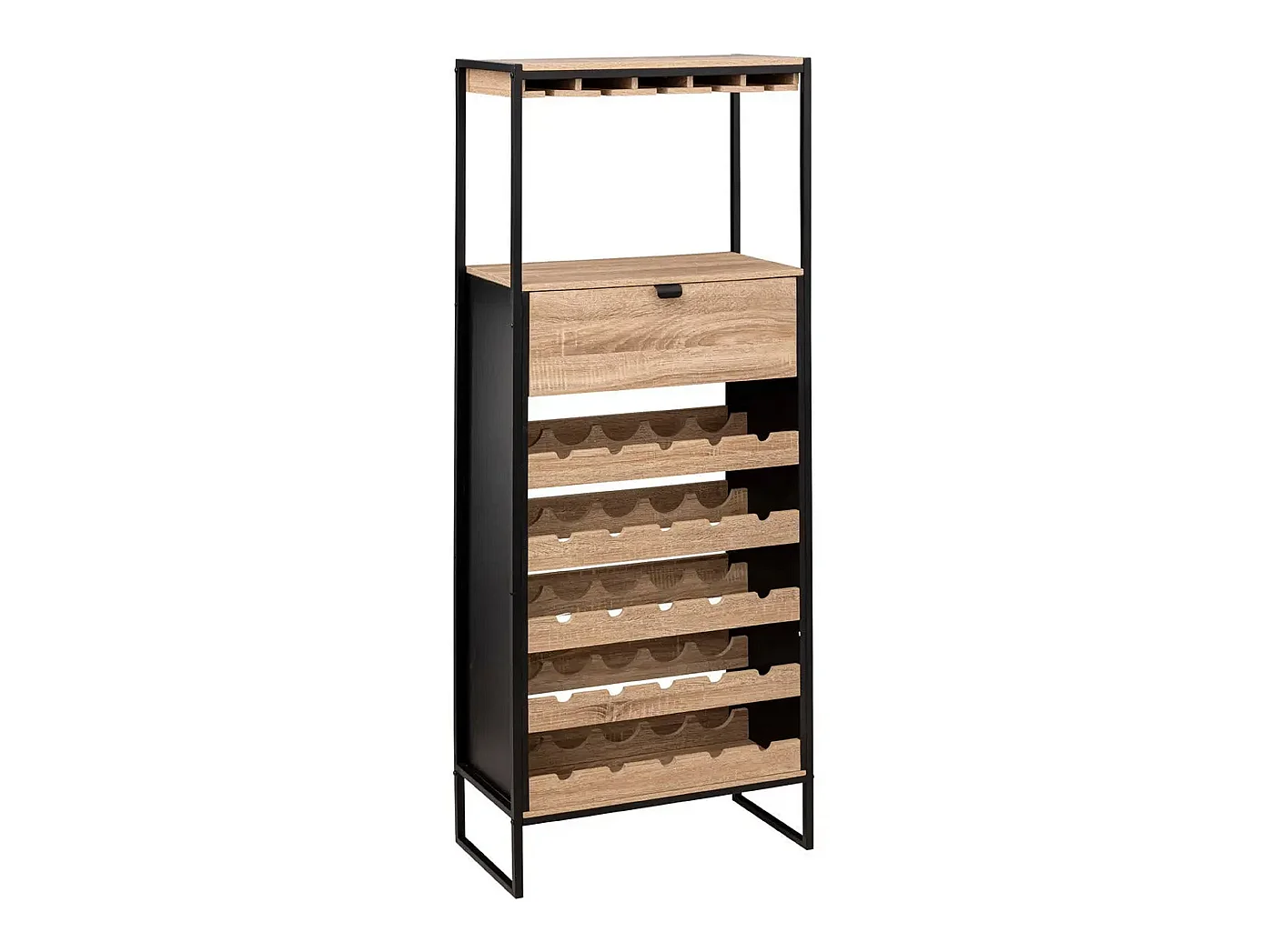 Meuble bar, porte-bouteilles en aggloméré naturel avec pieds en métal noir - Longueur 60 x Profondeur 30 x Hauteur 160 cm