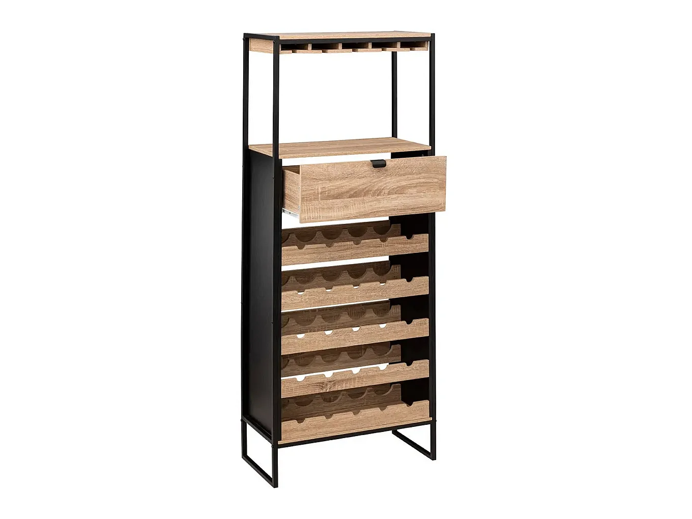Meuble bar, porte-bouteilles en aggloméré naturel avec pieds en métal noir - Longueur 60 x Profondeur 30 x Hauteur 160 cm