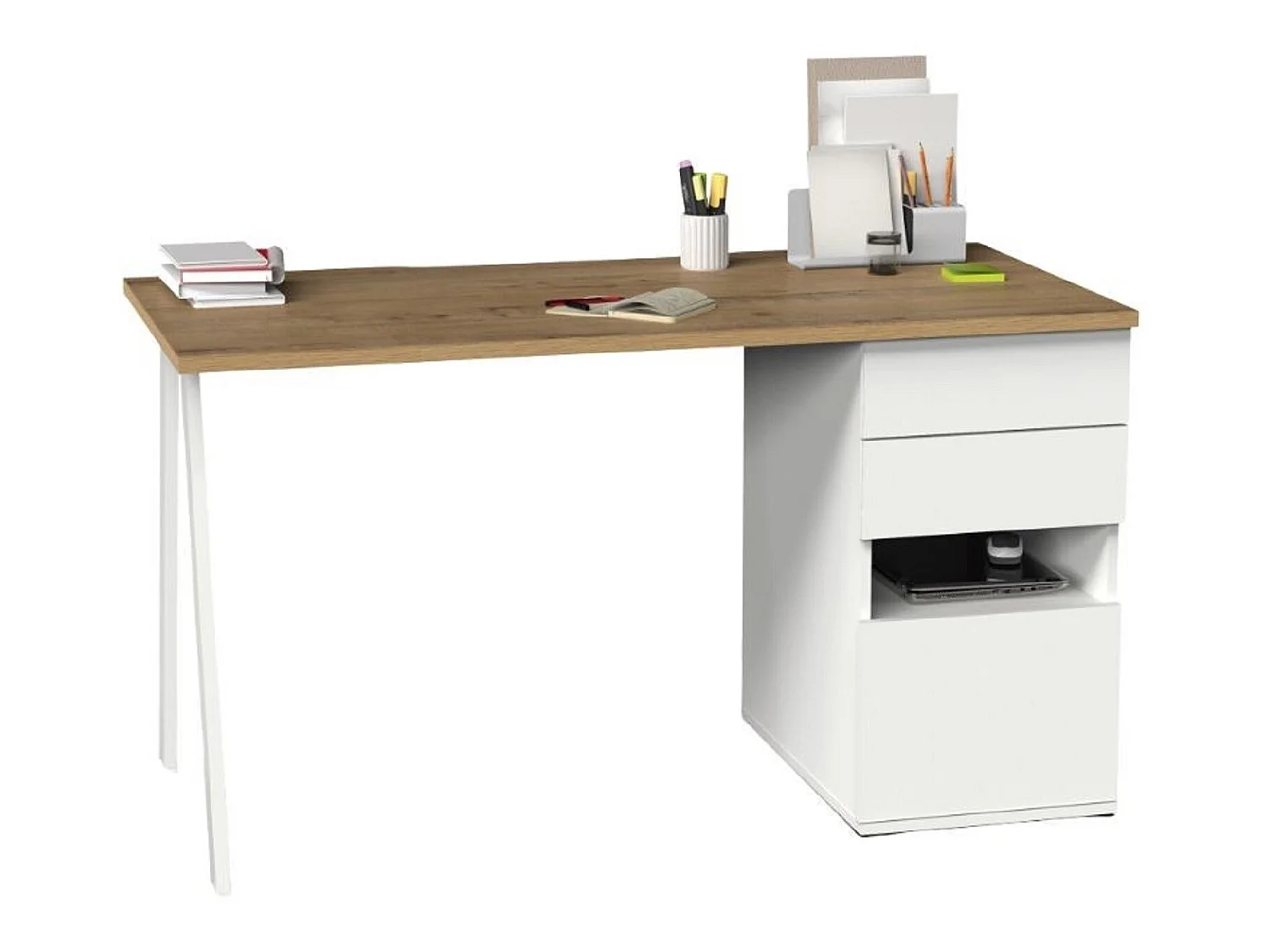 Bureau,table de travail en aggloméré finition chêne doré avec pied en métal blanc-Longueur 137.5 x Profondeur 67 x Hauteur 76 cm