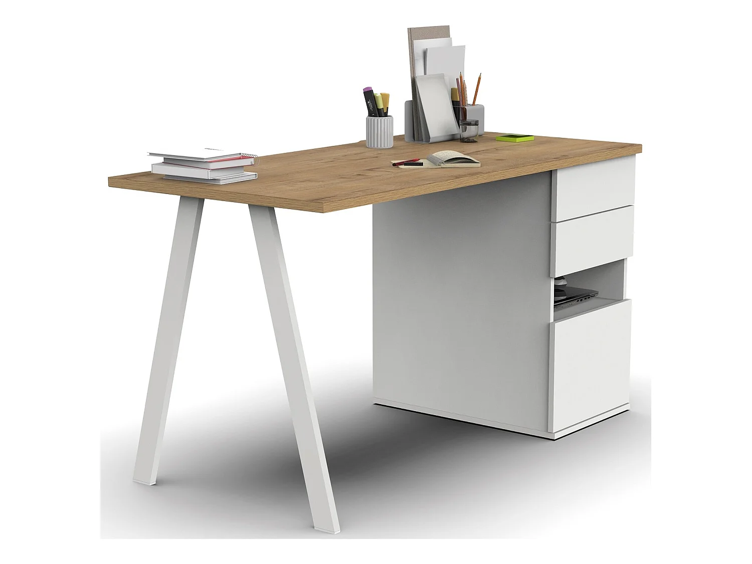 Bureau,table de travail en aggloméré finition chêne doré avec pied en métal blanc-Longueur 137.5 x Profondeur 67 x Hauteur 76 cm