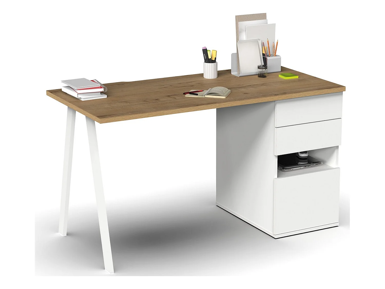 Bureau,table de travail en aggloméré finition chêne doré avec pied en métal blanc-Longueur 137.5 x Profondeur 67 x Hauteur 76 cm