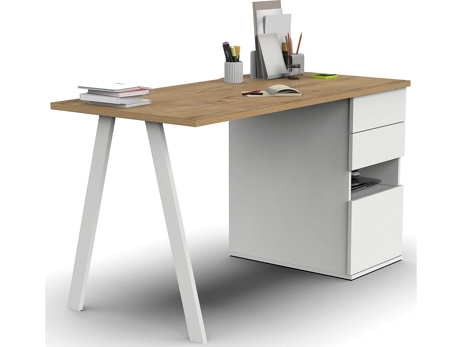 Bureau,table de travail en aggloméré finition chêne doré avec pied en métal blanc-Longueur 137.5 x Profondeur 67 x Hauteur 76 cm