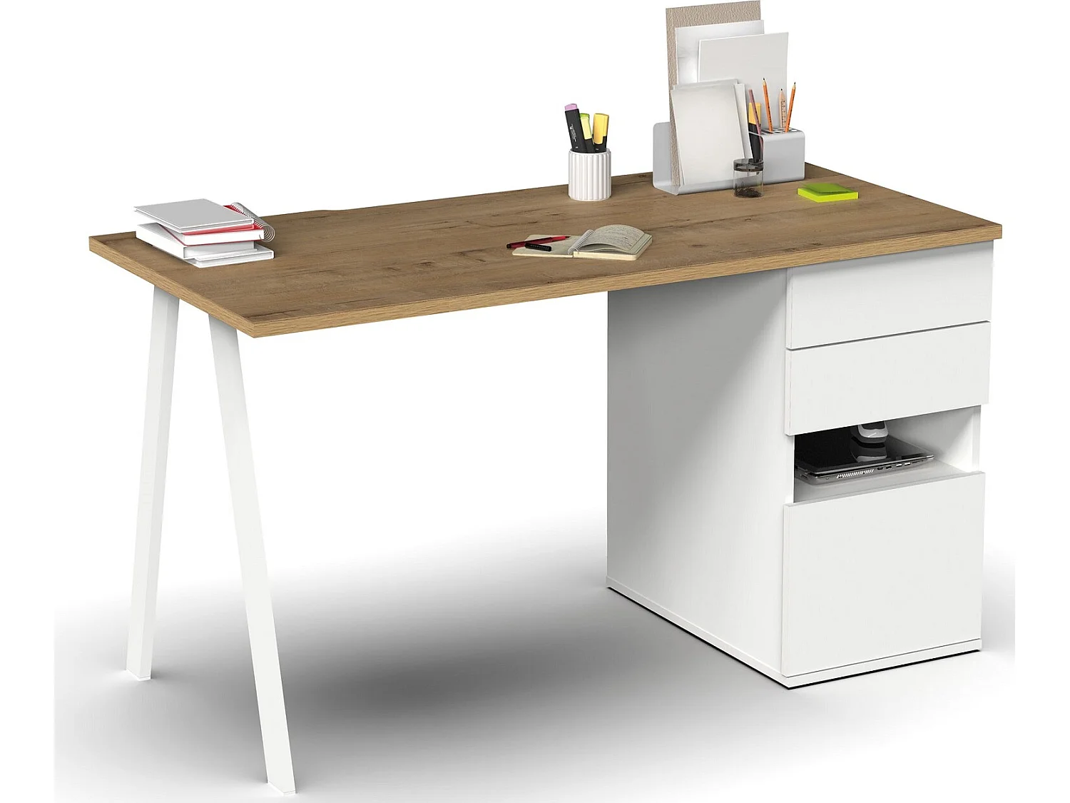 Bureau,table de travail en aggloméré finition chêne doré avec pied en métal blanc-Longueur 137.5 x Profondeur 67 x Hauteur 76 cm