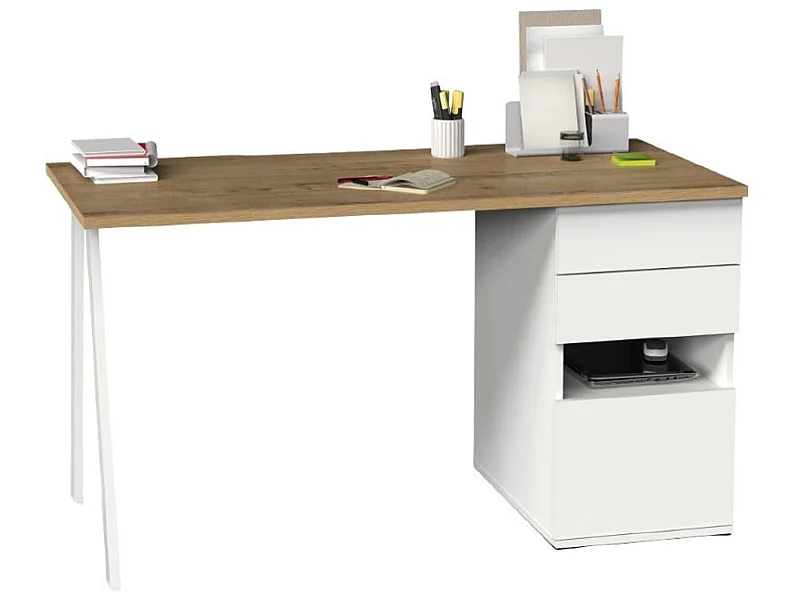 Bureau,table de travail en aggloméré finition chêne doré avec pied en métal blanc-Longueur 137.5 x Profondeur 67 x Hauteur 76 cm