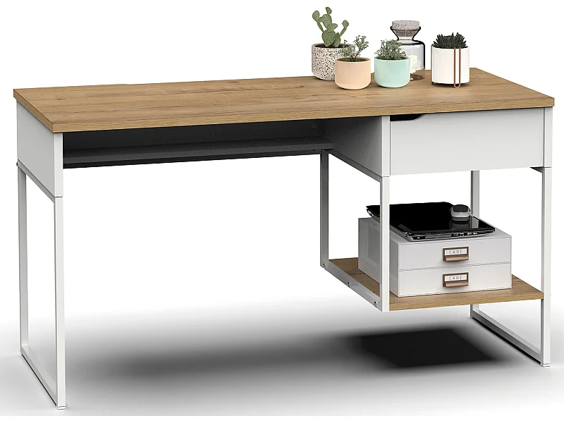 Bureau, table de travail en aggloméré finition chêne avec pieds en métal blanc - Longueur 137.5 x Profondeur 58 x Hauteur 76 cm