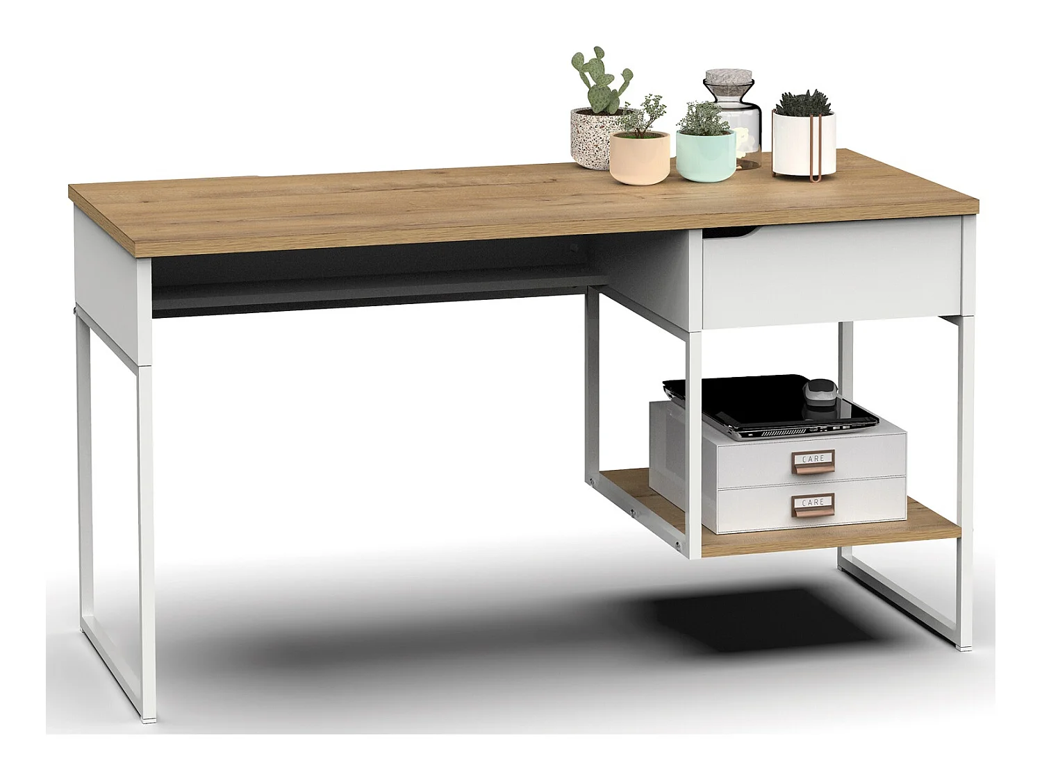 Bureau, table de travail en aggloméré finition chêne avec pieds en métal blanc - Longueur 137.5 x Profondeur 58 x Hauteur 76 cm