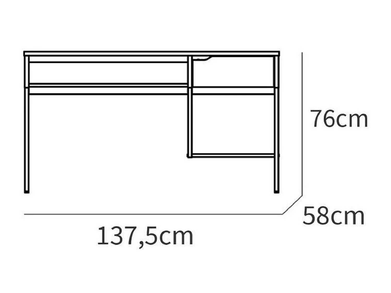 Bureau, table de travail en aggloméré finition chêne avec pieds en métal blanc - Longueur 137.5 x Profondeur 58 x Hauteur 76 cm
