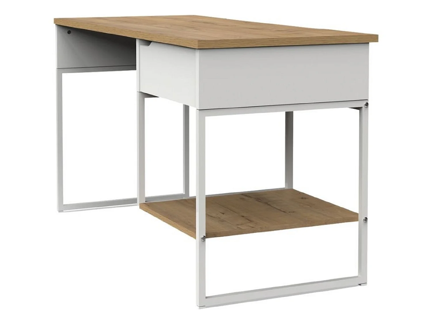 Bureau, table de travail en aggloméré finition chêne avec pieds en métal blanc - Longueur 137.5 x Profondeur 58 x Hauteur 76 cm