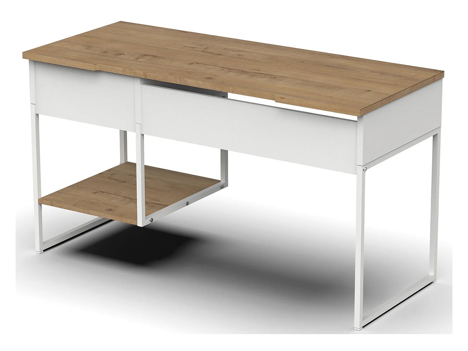 Bureau, table de travail en aggloméré finition chêne avec pieds en métal blanc - Longueur 137.5 x Profondeur 58 x Hauteur 76 cm