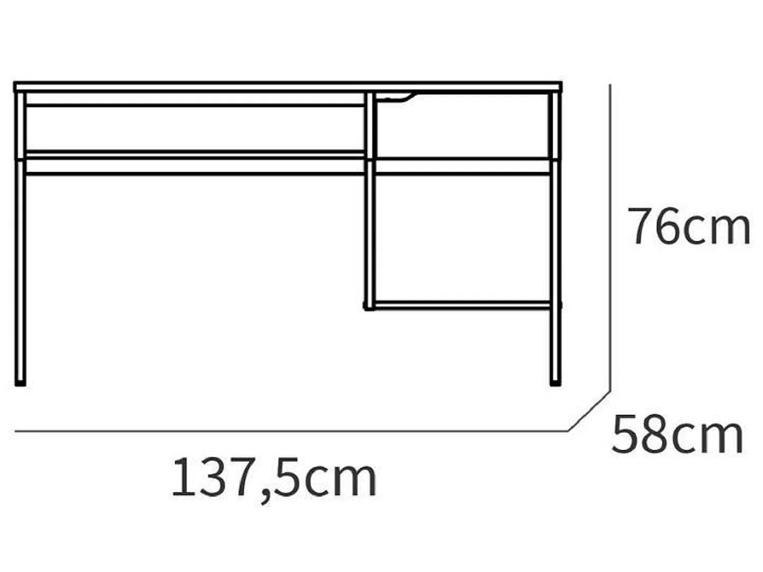Bureau, table de travail en aggloméré finition chêne avec pieds en métal blanc - Longueur 137.5 x Profondeur 58 x Hauteur 76 cm