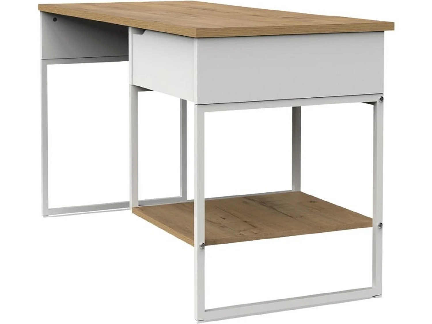 Bureau, table de travail en aggloméré finition chêne avec pieds en métal blanc - Longueur 137.5 x Profondeur 58 x Hauteur 76 cm