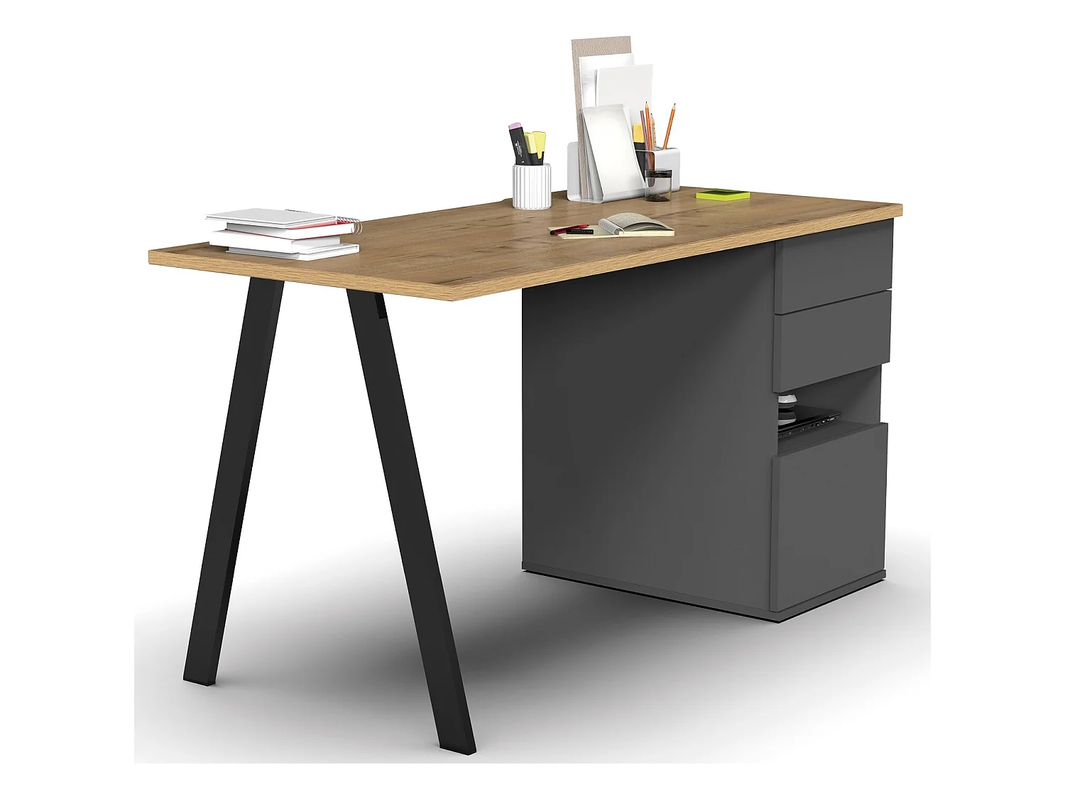 Bureau,table de travail en aggloméré finition gris foncé avec pied en métal noir-Longueur 137.5 x Profondeur 67 x Hauteur 76 cm