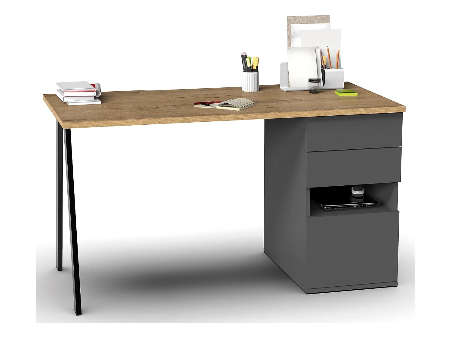 Bureau,table de travail en aggloméré finition gris foncé avec pied en métal noir-Longueur 137.5 x Profondeur 67 x Hauteur 76 cm