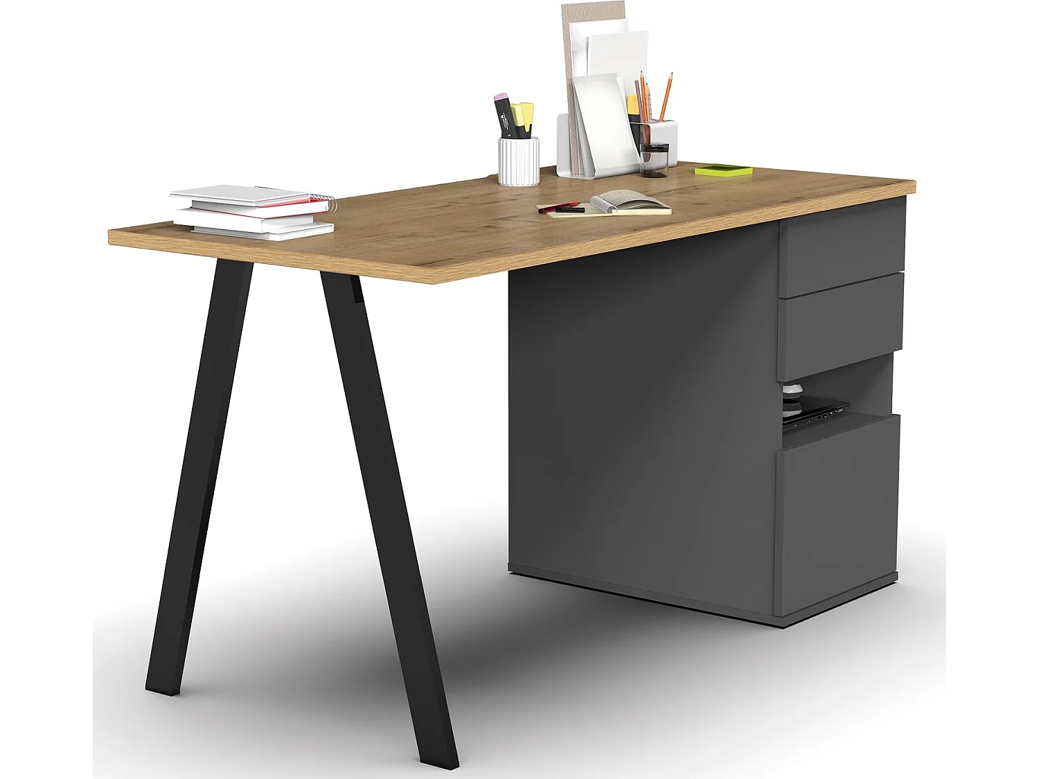 Bureau,table de travail en aggloméré finition gris foncé avec pied en métal noir-Longueur 137.5 x Profondeur 67 x Hauteur 76 cm