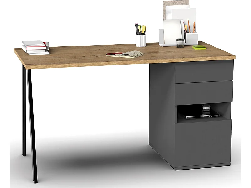 Bureau,table de travail en aggloméré finition gris foncé avec pied en métal noir-Longueur 137.5 x Profondeur 67 x Hauteur 76 cm