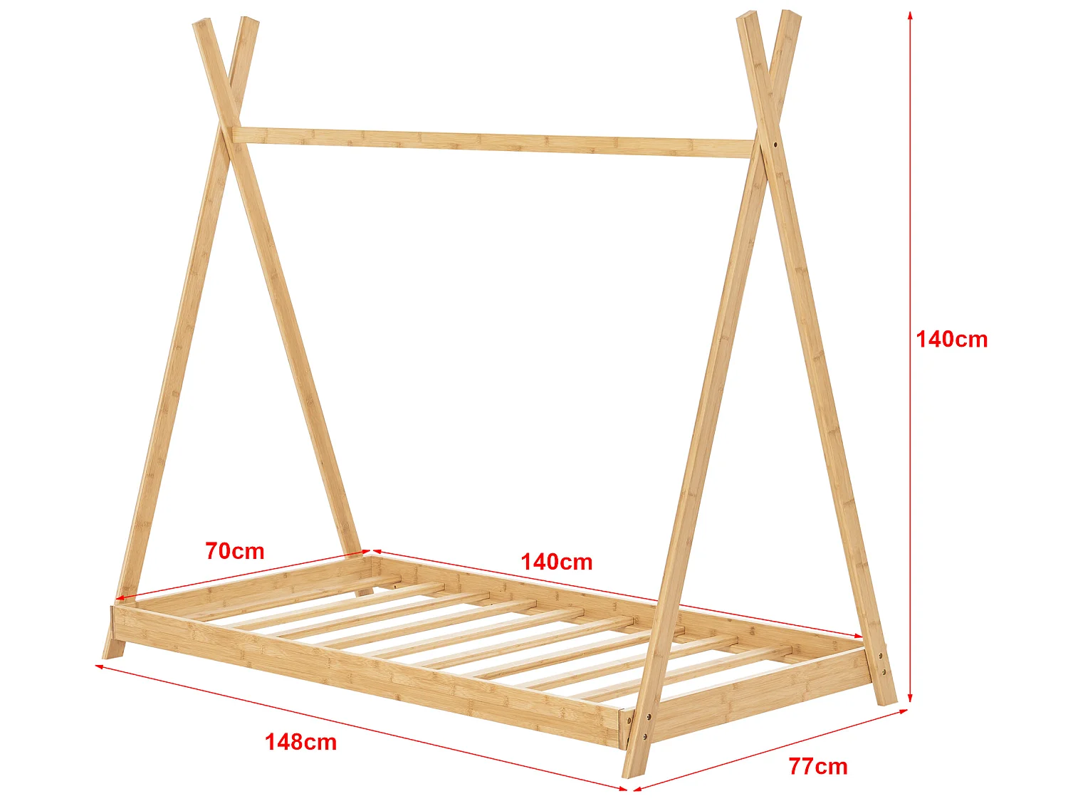 Lit tipi Vimpeli 70 x 140 cm pour enfant bambou naturel [en.casa]