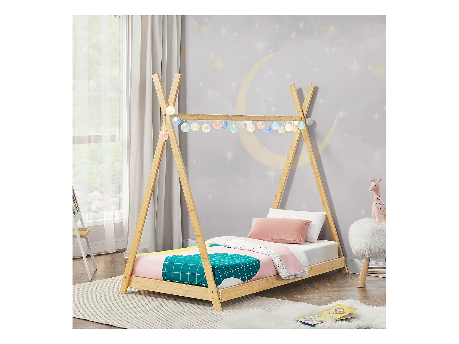 Lit tipi Vimpeli 90 x 200 cm pour enfant bambou naturel [en.casa]