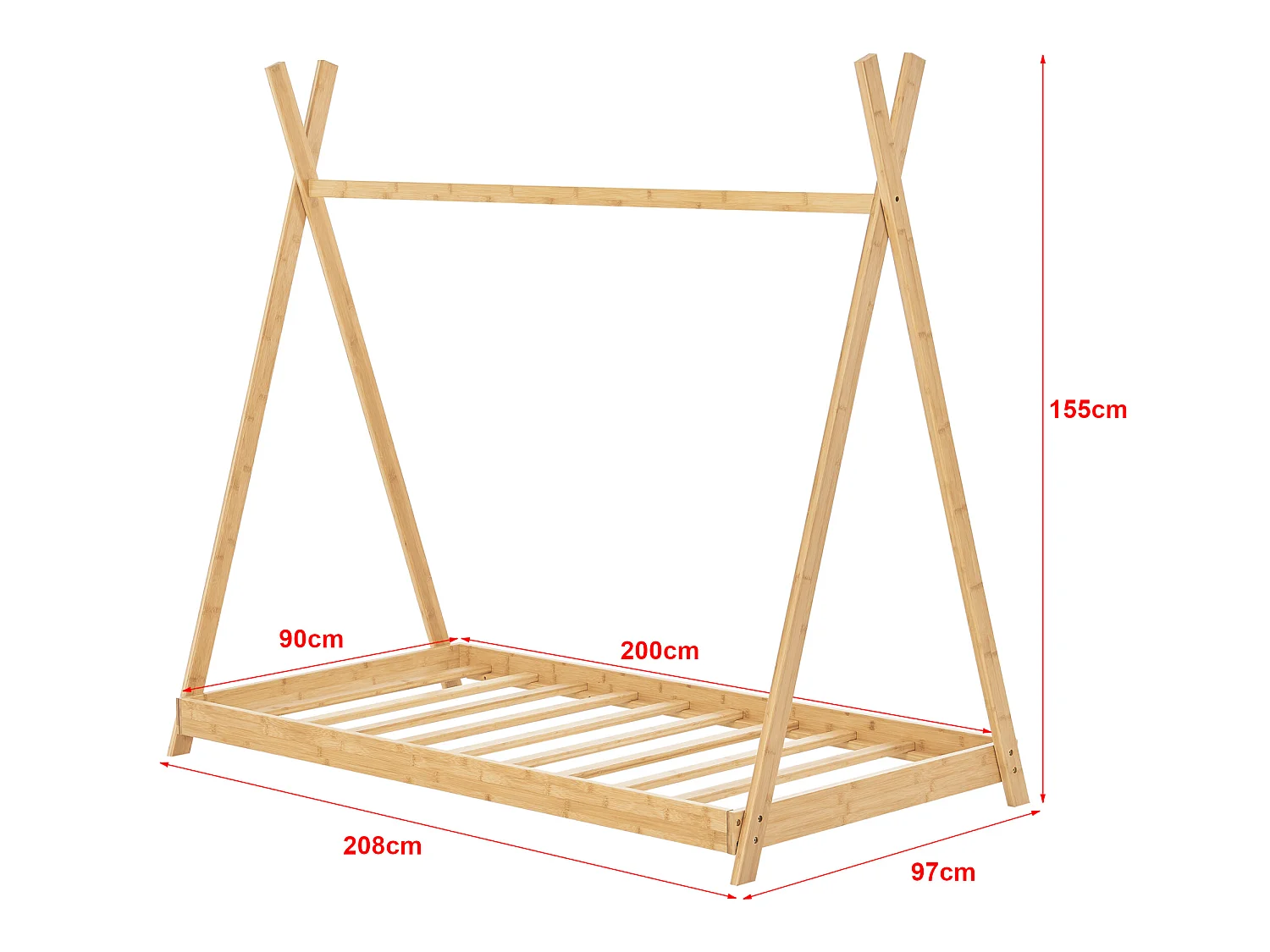 Lit tipi Vimpeli 90 x 200 cm pour enfant bambou naturel [en.casa]