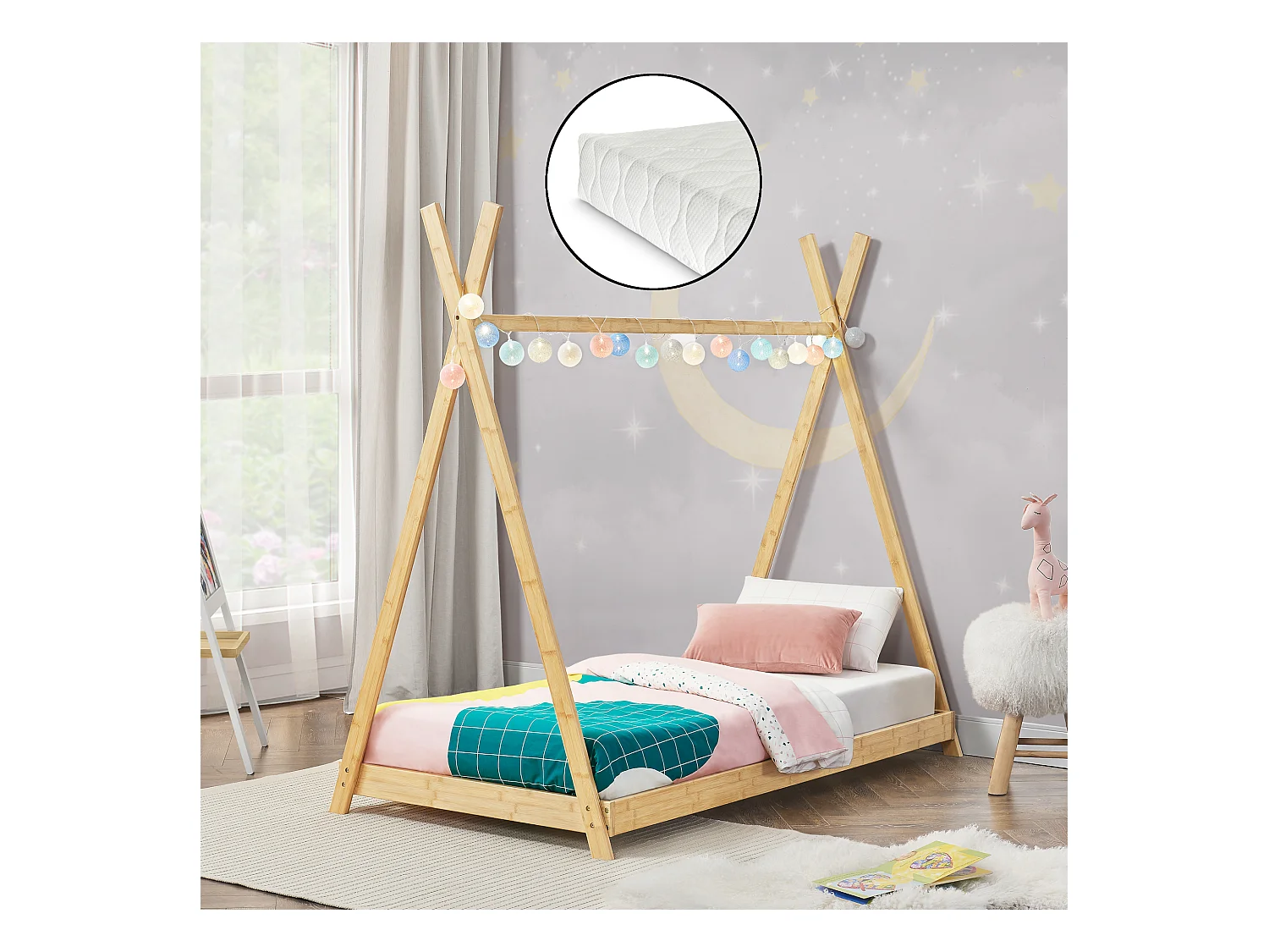 Lit tipi Vimpeli 90 x 200 cm pour enfant avec matelas bambou naturel [en.casa]