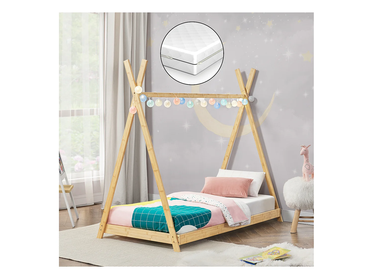 Lit tipi Vimpeli 70 x 140 cm pour enfant avec matelas bambou naturel [en.casa]