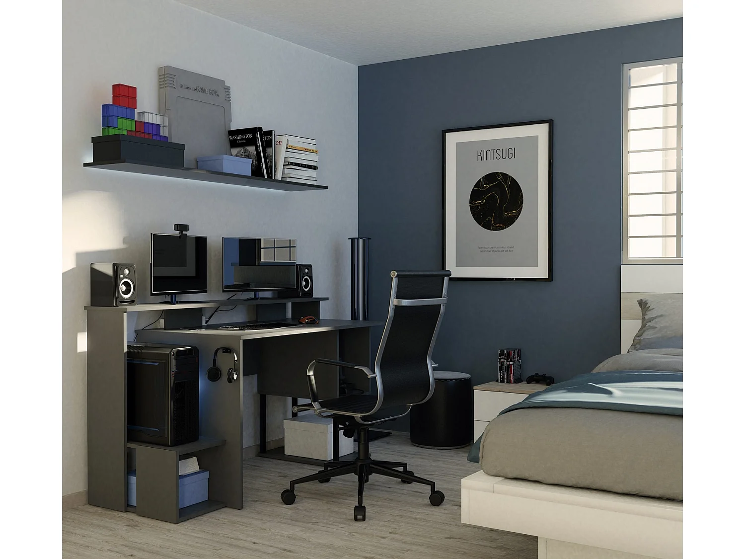 Bureau gamer, table de jeu avec compartiments en aggloméré avec finition grise - Longueur 150 x Profondeur 67 x Hauteur 77 cm