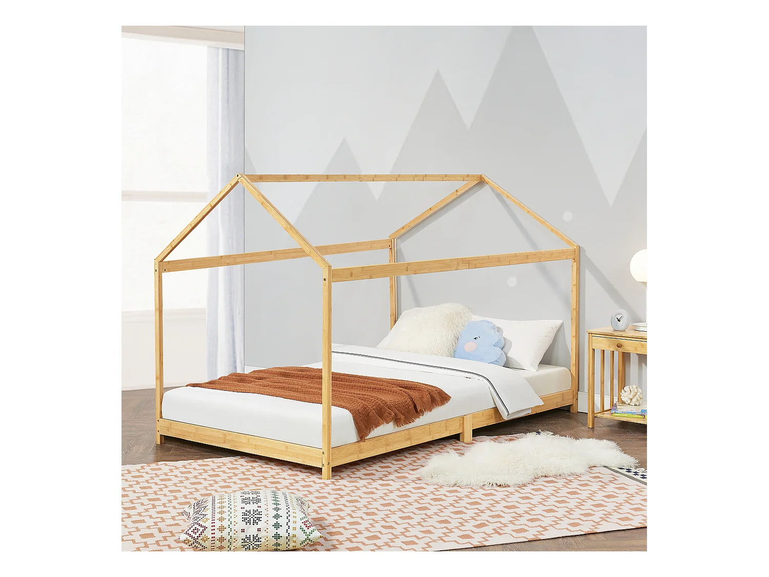 Lit cabane Vindafjord pour enfant 90 x 200 cm forme maison bambou naturel [en.casa]