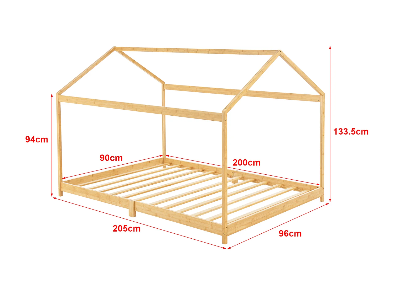 Lit cabane Vindafjord pour enfant 90 x 200 cm forme maison bambou naturel [en.casa]