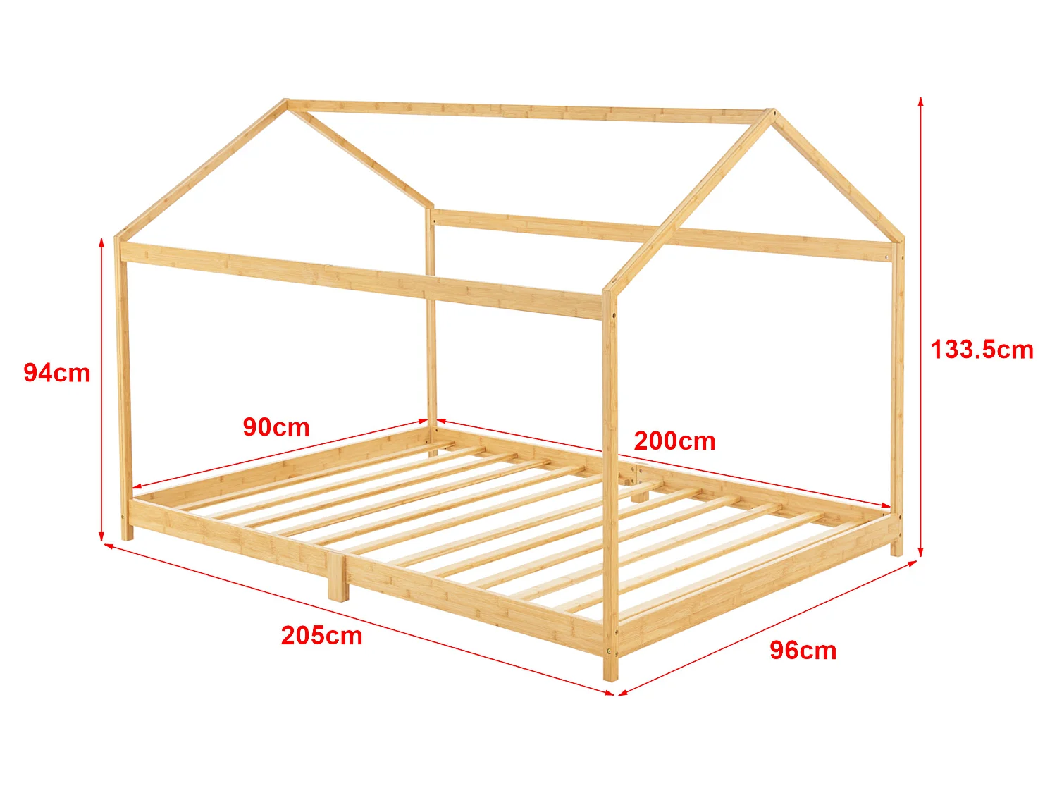 Lit cabane Vindafjord pour enfant 90 x 200 cm forme maison bambou naturel [en.casa]