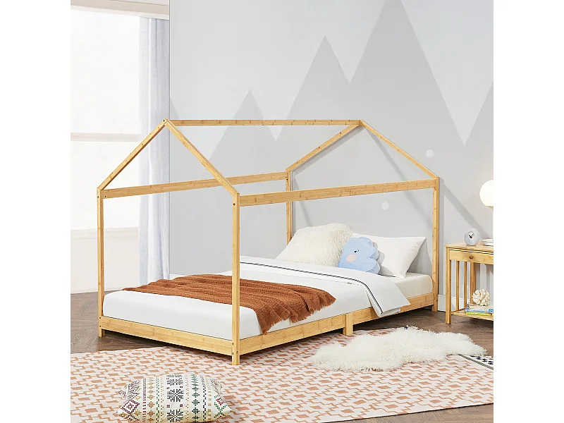 Lit cabane Vindafjord pour enfant 90 x 200 cm forme maison bambou naturel [en.casa]