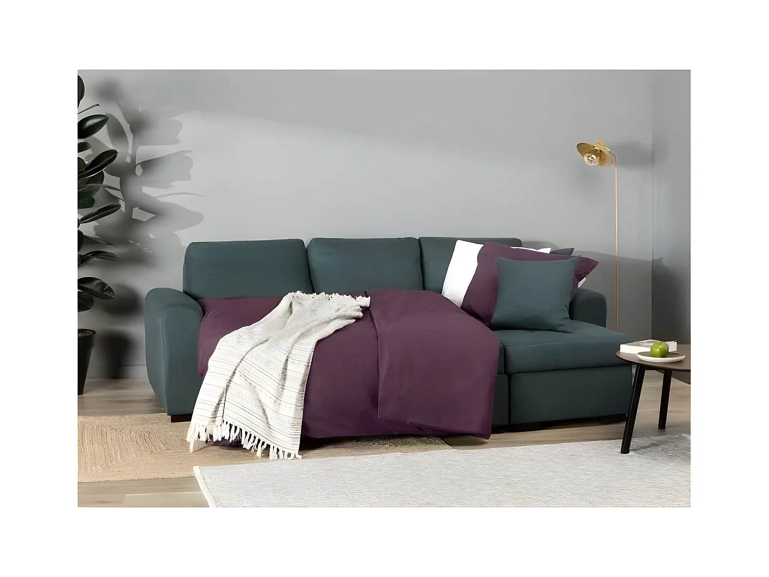 Sofá de esquina convertible reversible Hamilton en tela verde con almacenamiento - L 244 x P 151 x H 90