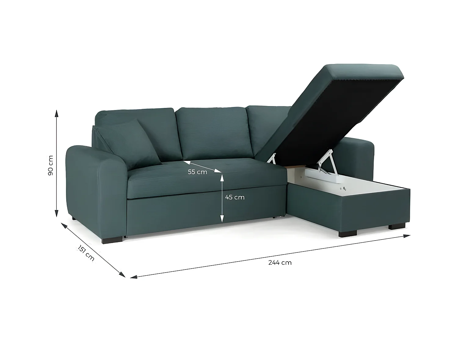 Sofá de esquina convertible reversible Hamilton en tela verde con almacenamiento - L 244 x P 151 x H 90