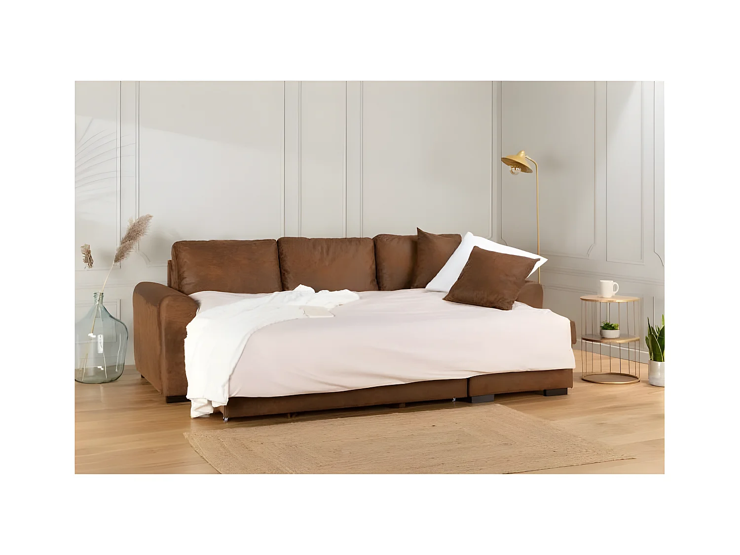 Sofá de Esquina Convertible Reversible Hamilton de Tela Vintage Marrón - 4 Plazas con Almacenamiento