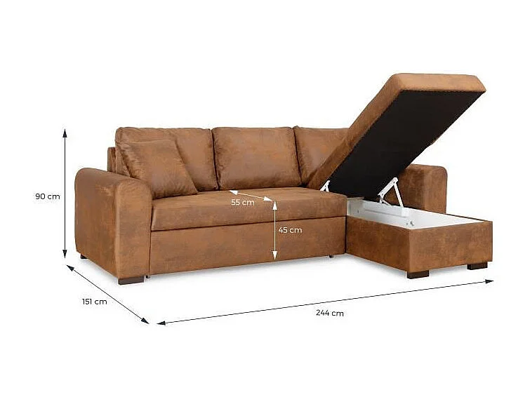 Canapé d'angle convertible réversible - Tissu Marron vintage - L 244 x P 151 x H 90 - HAMILTON - Fabriqué en Ukraine