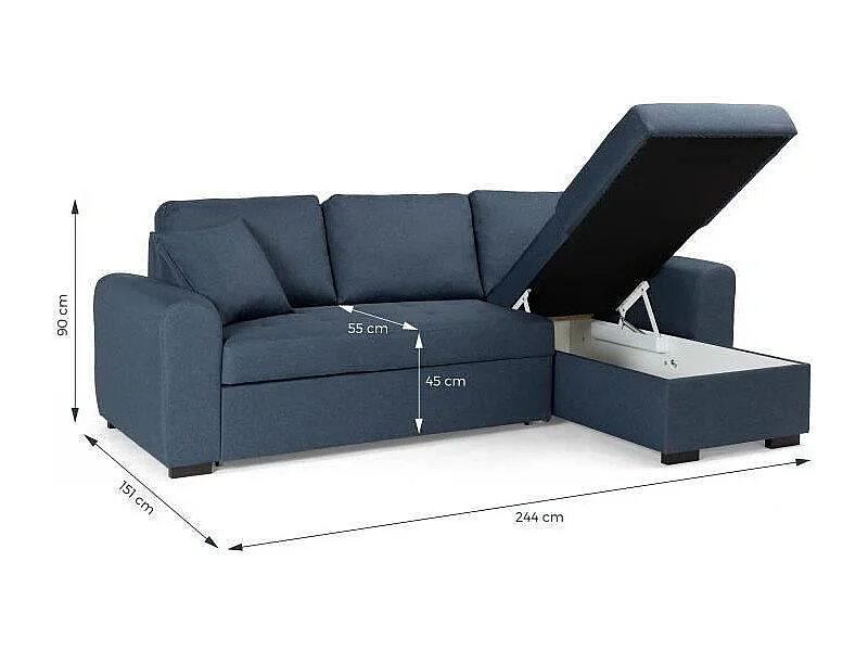Canapé d'angle convertible réversible - Tissu Bleu - HAMILTON - L 244 x P 151 x H 90 - Fabriqué en Ukraine
