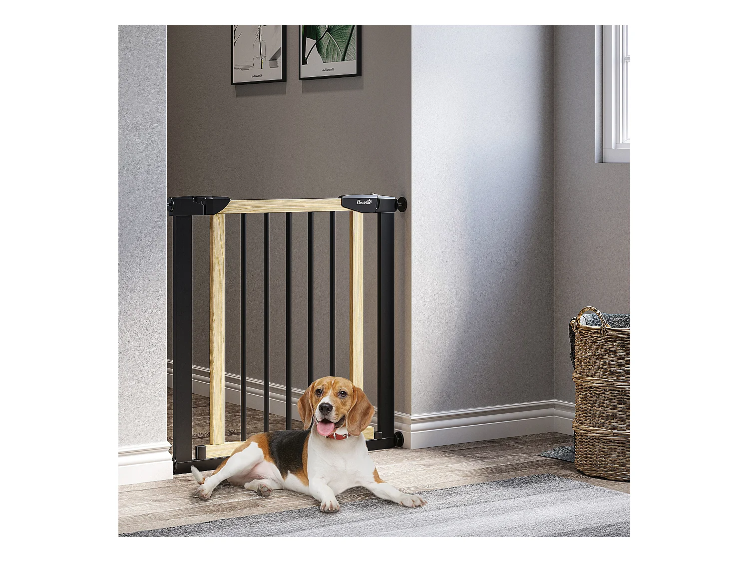 Barrière de sécurité animaux - longueur réglable dim. 75-82 cm - porte verrouillable, ouverture double sens - sans perçage - acier noir pin