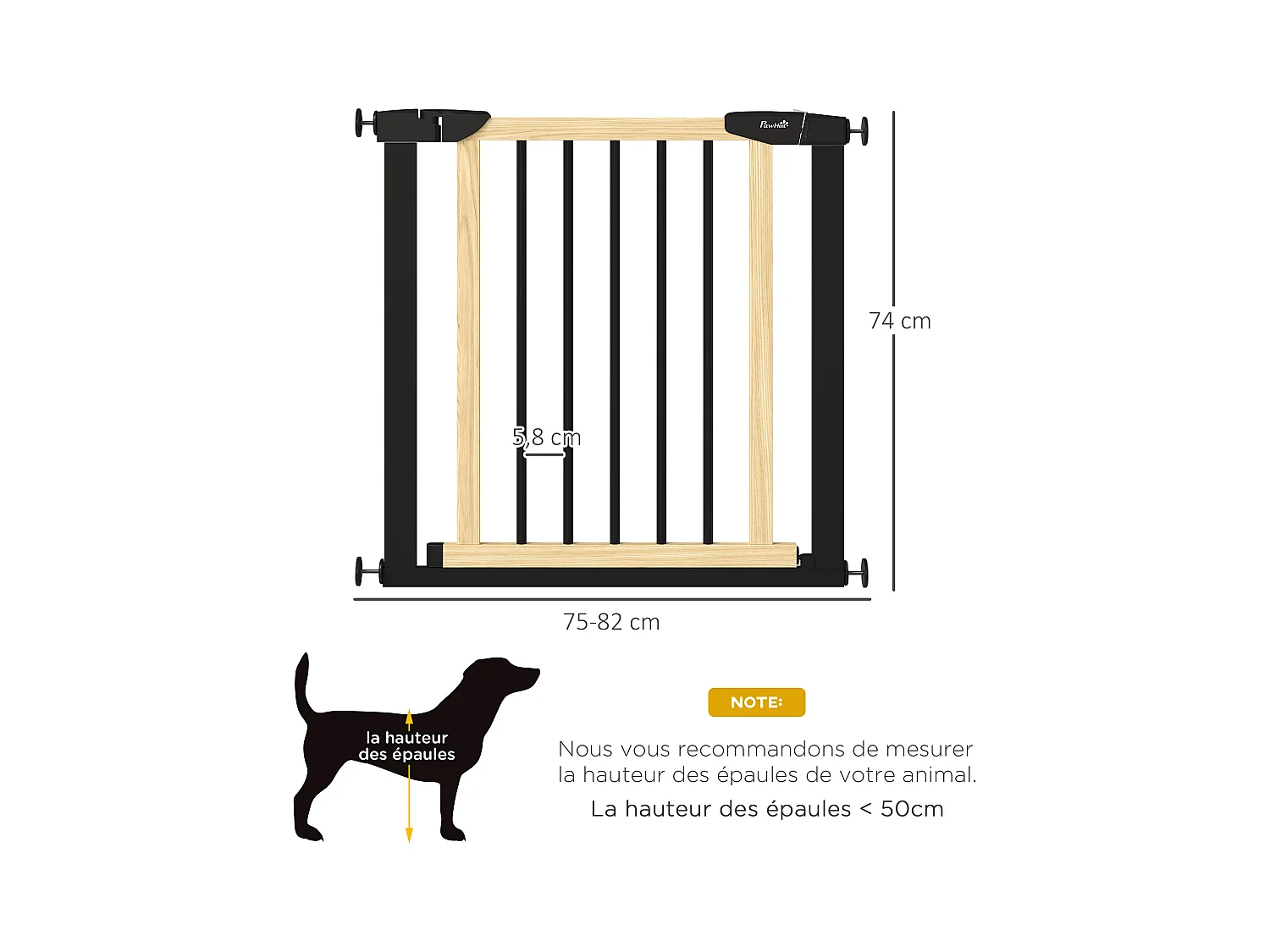 Barrière de sécurité animaux - longueur réglable dim. 75-82 cm - porte verrouillable, ouverture double sens - sans perçage - acier noir pin