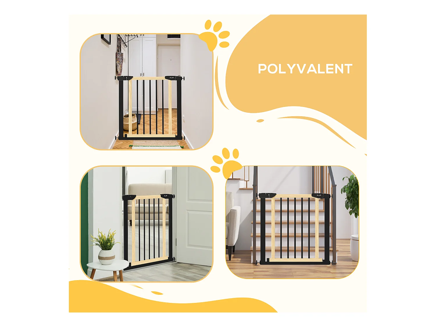 Barrière de sécurité animaux - longueur réglable dim. 75-82 cm - porte verrouillable, ouverture double sens - sans perçage - acier noir pin