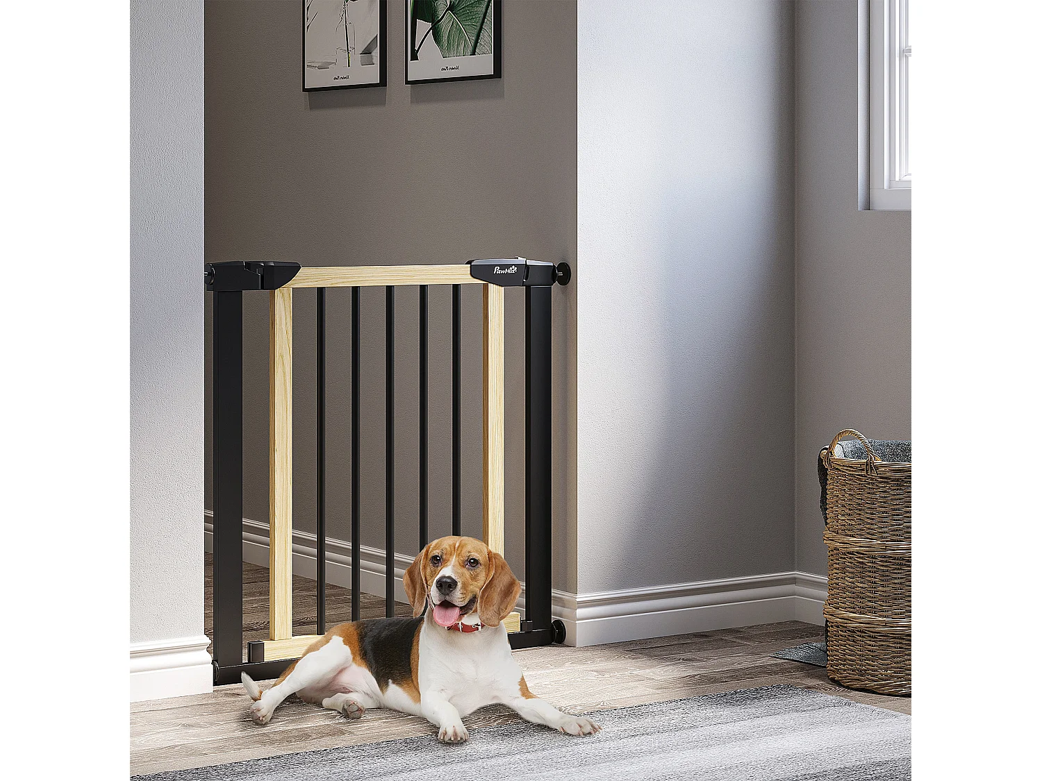 Barrière de sécurité animaux - longueur réglable dim. 75-82 cm - porte verrouillable, ouverture double sens - sans perçage - acier noir pin