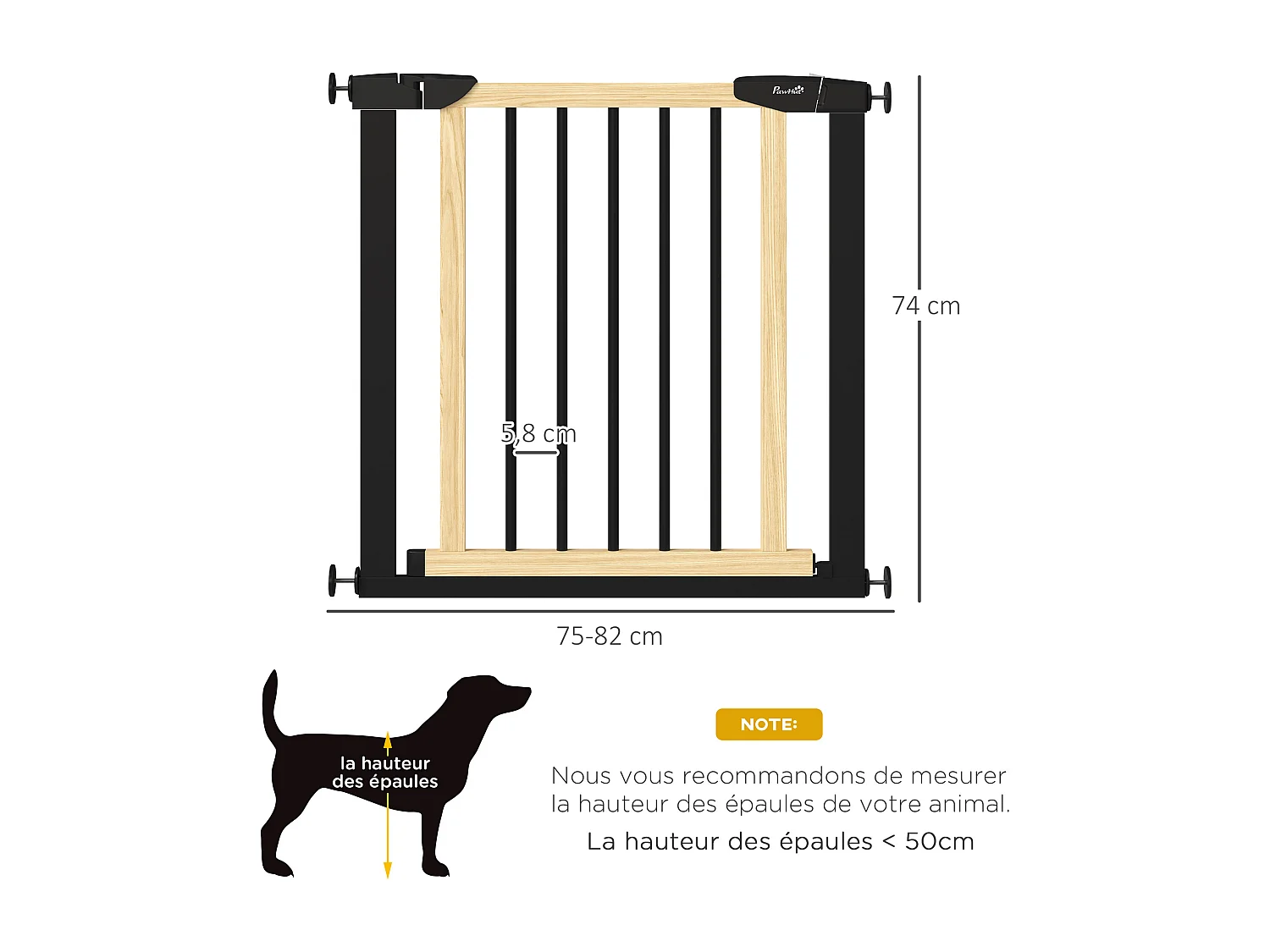 Barrière de sécurité animaux - longueur réglable dim. 75-82 cm - porte verrouillable, ouverture double sens - sans perçage - acier noir pin
