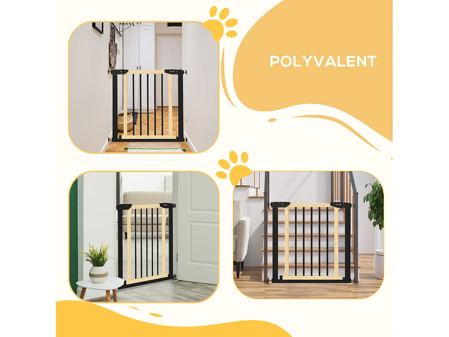 Barrière de sécurité animaux - longueur réglable dim. 75-82 cm - porte verrouillable, ouverture double sens - sans perçage - acier noir pin