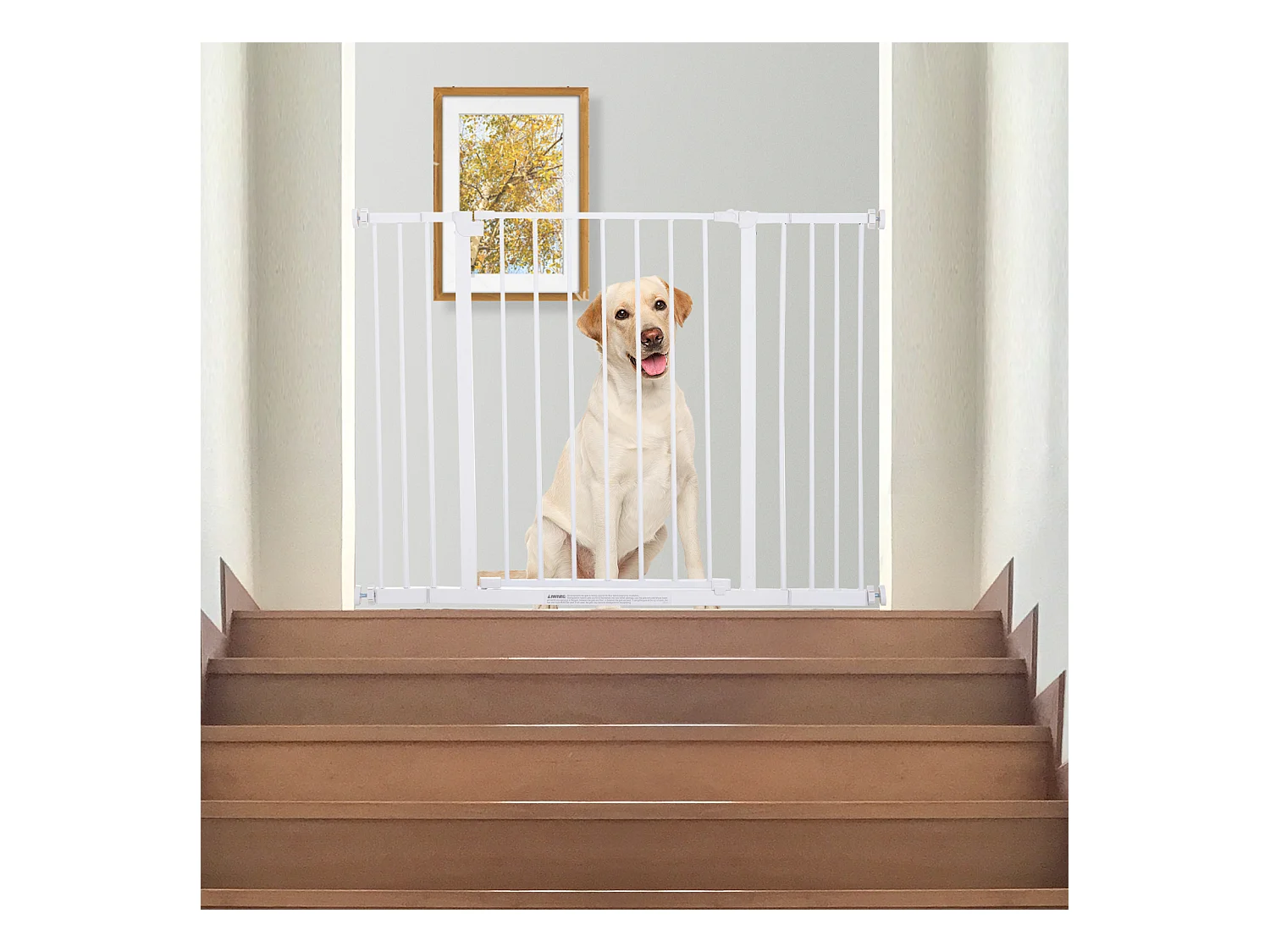 Barrière de sécurité longueur réglable dim. 76-107l x 76H cm sans perçage métal plastique blanc