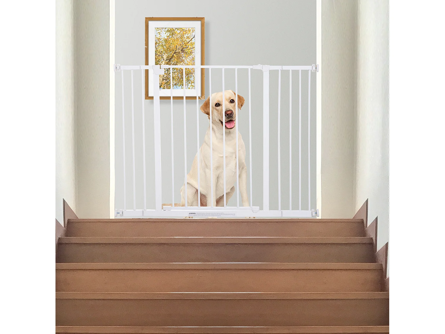 Barrière de sécurité longueur réglable dim. 76-107l x 76H cm sans perçage métal plastique blanc