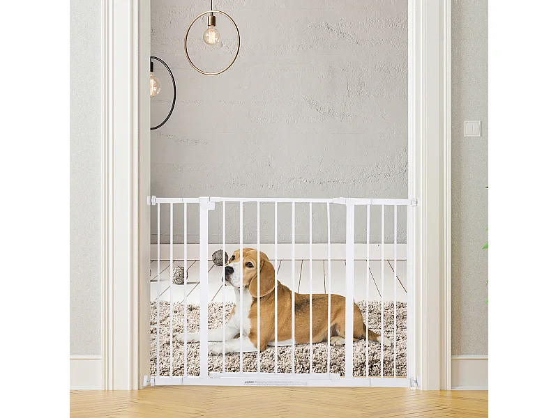 Barrière de sécurité longueur réglable dim. 76-107l x 76H cm sans perçage métal plastique blanc