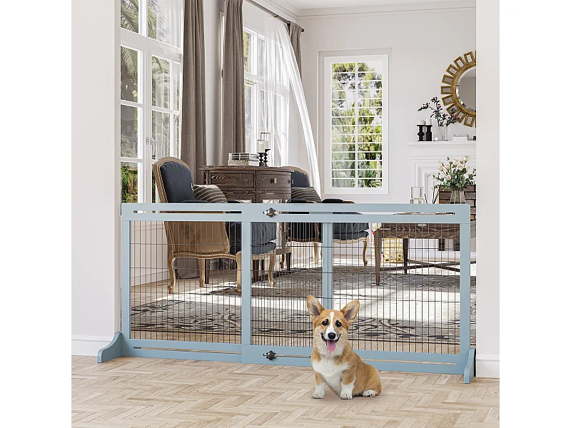 Barrière de sécurité chien barrière autoportante longueur réglable dim. 104-183L x 36l x 69H cm bois pin gris acier noir