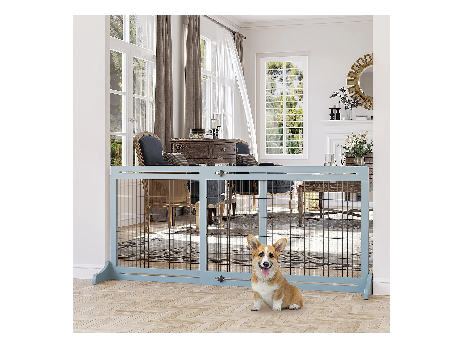 Barrière de sécurité chien barrière autoportante longueur réglable dim. 104-183L x 36l x 69H cm bois pin gris acier noir