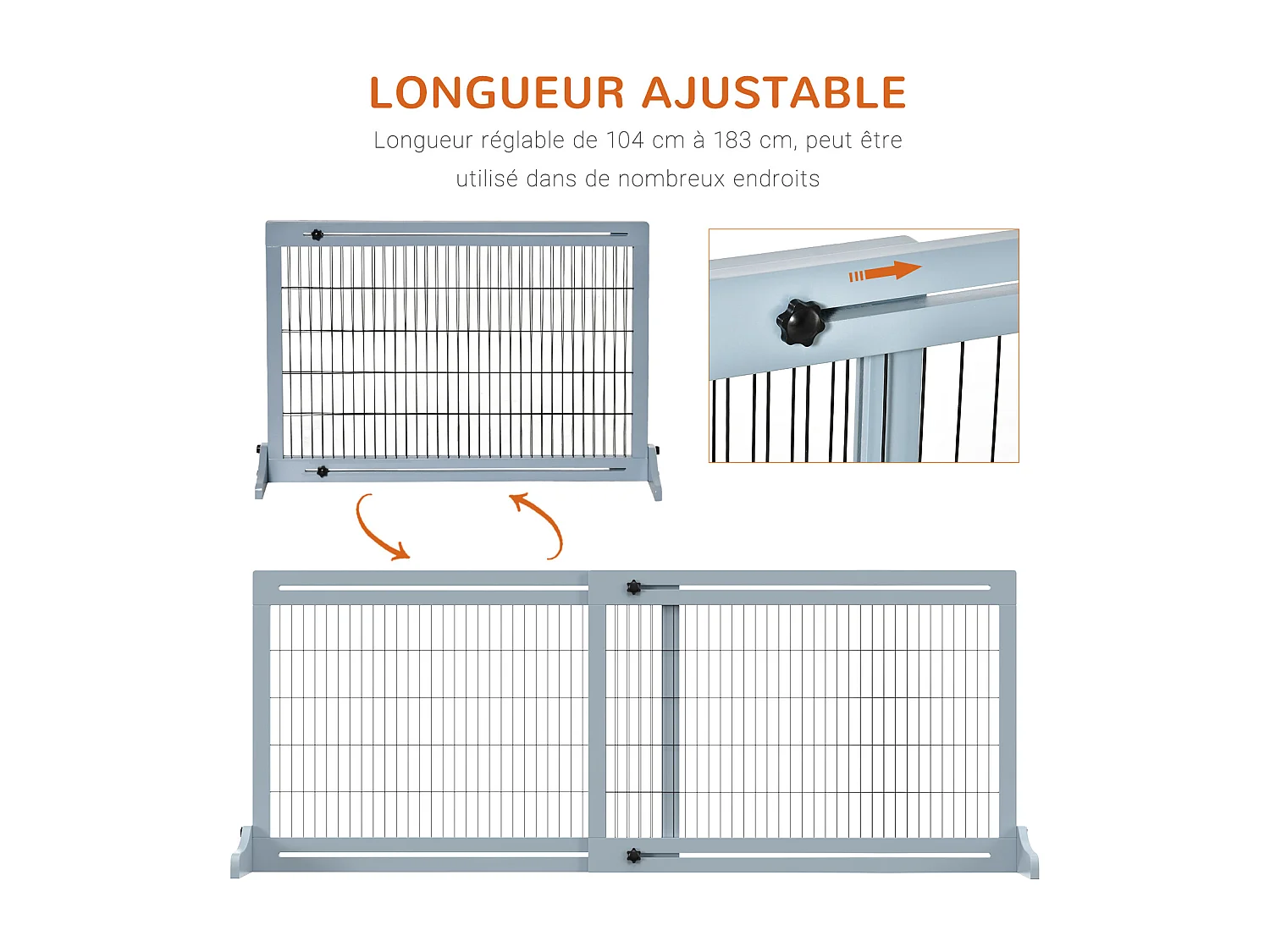 Barrière de sécurité chien barrière autoportante longueur réglable dim. 104-183L x 36l x 69H cm bois pin gris acier noir