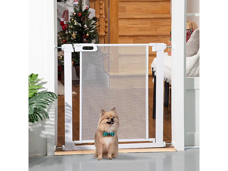 Barrière de sécurité animaux - longueur réglable dim. 75-82 cm - porte double verrouillage, ouverture double sens -sans perçage - acier ABS blanc