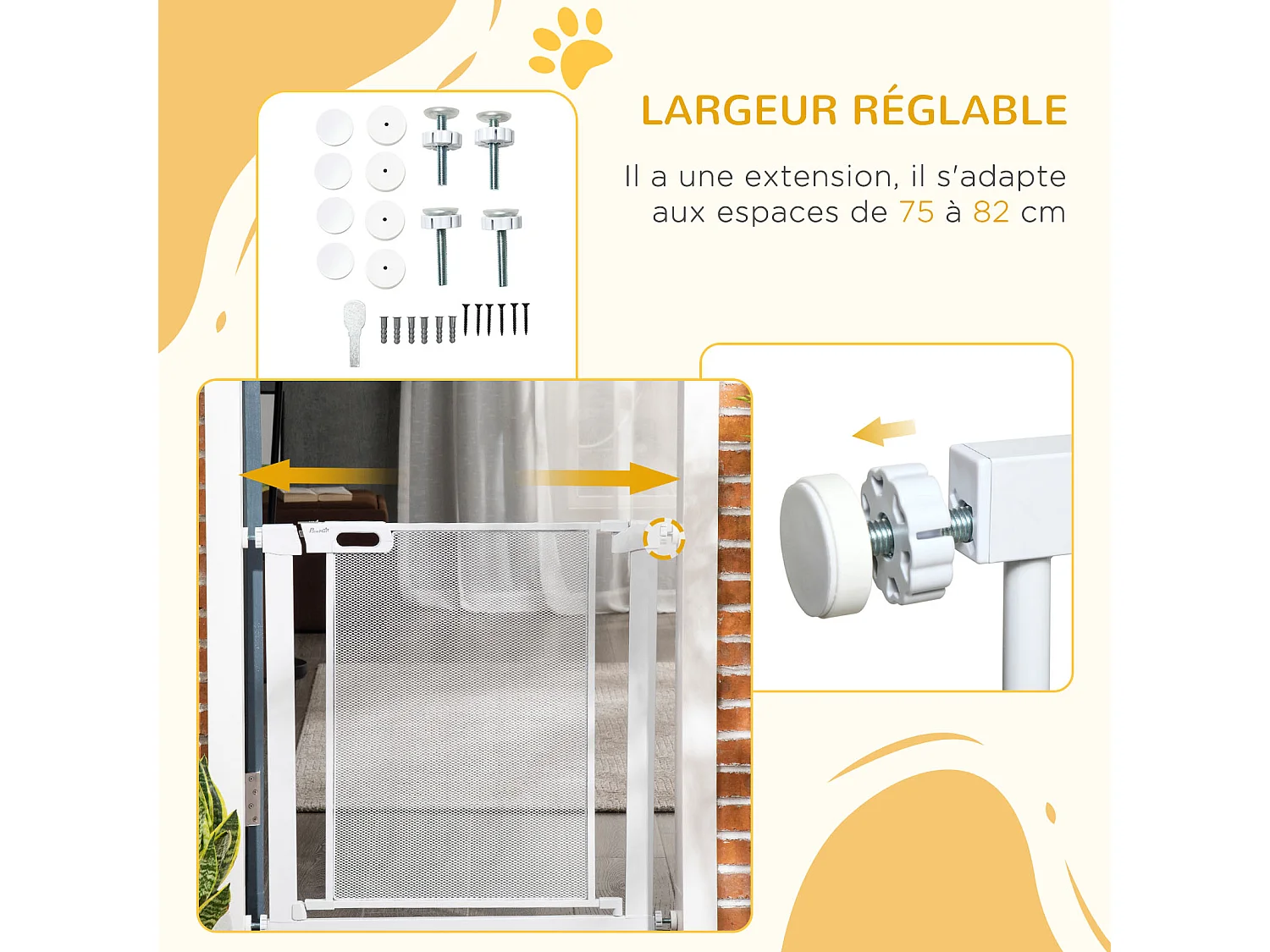 Barrière de sécurité animaux - longueur réglable dim. 75-82 cm - porte double verrouillage, ouverture double sens -sans perçage - acier ABS blanc